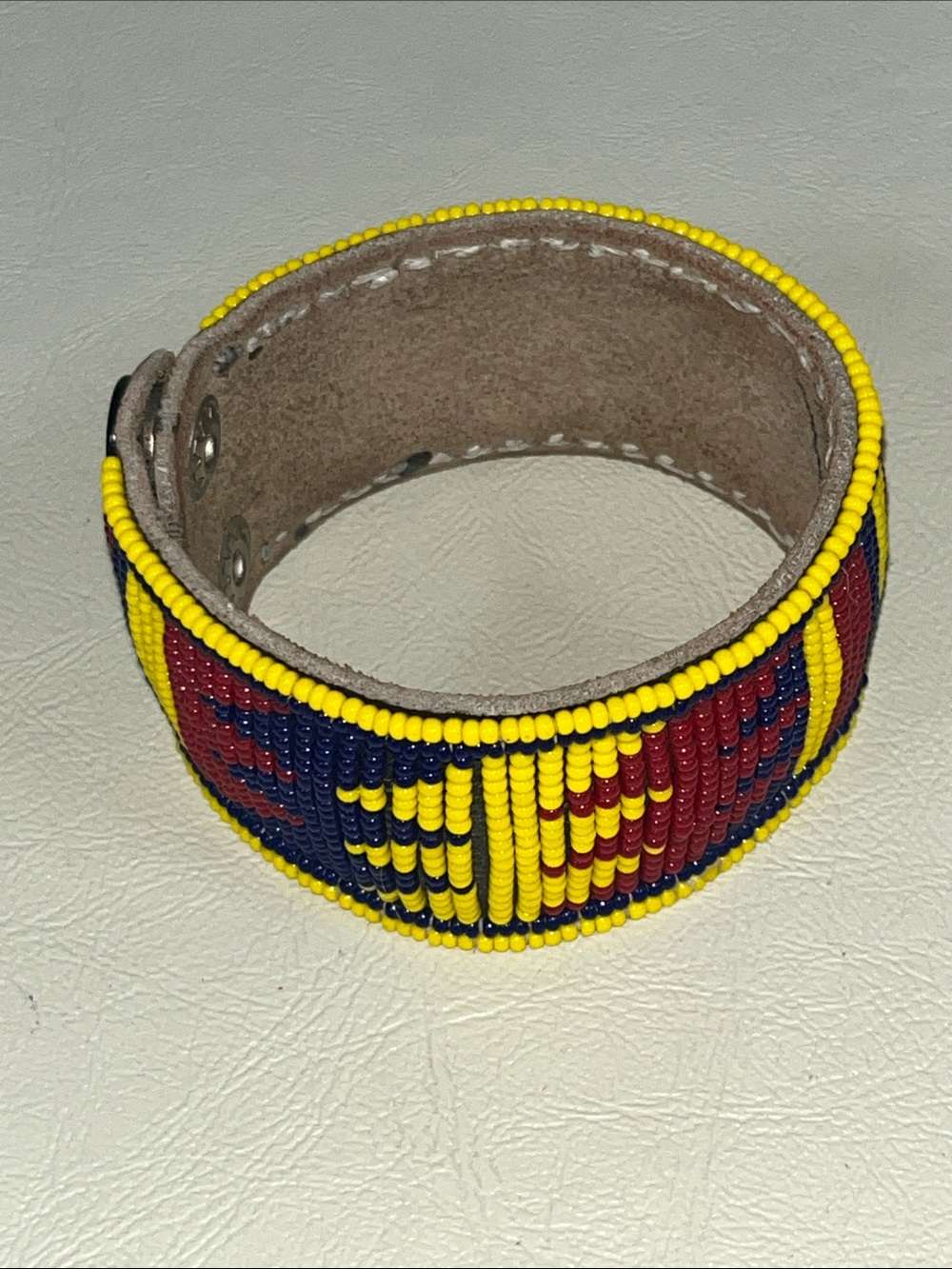 Hand-Beaded Leather Maasai Cuff Bracelet - Yellow, Red & Blue